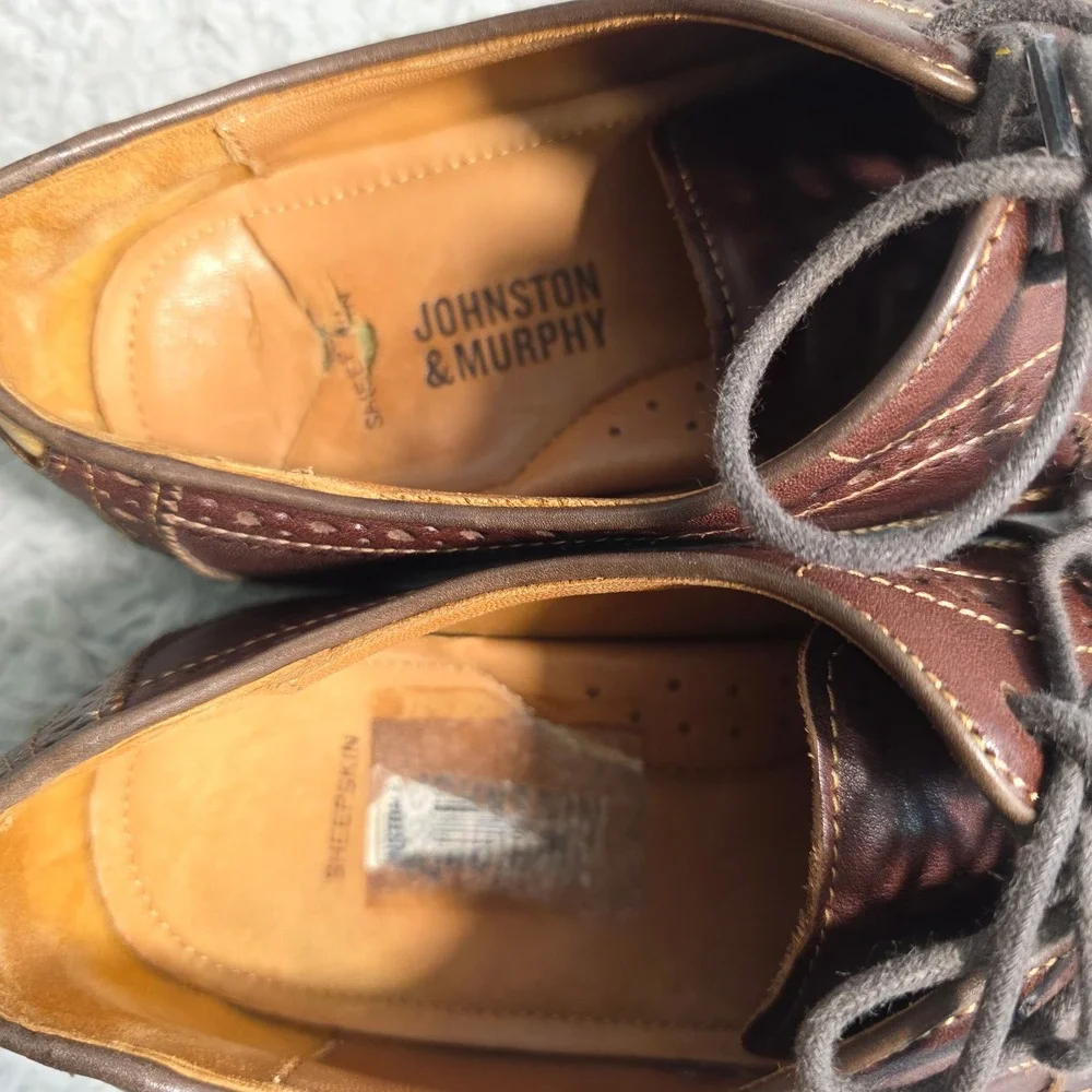Johnston & Murphy Mens Brown Leather Wingtip Sheepskin Dress Shoes‎ Size 8.5